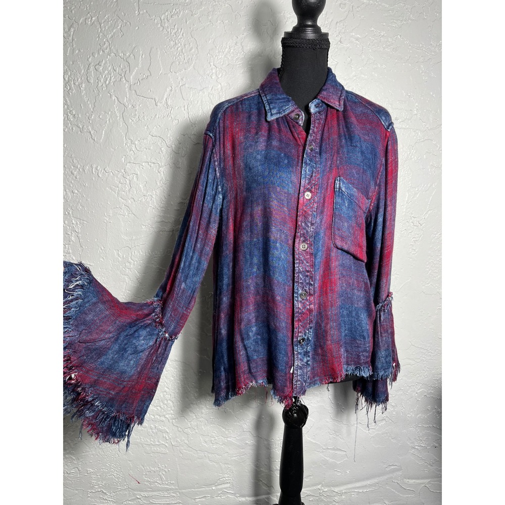 Born in March Plaid Flannel Shirt S Frayed Bell Sleeve Boho Grunge Shacket